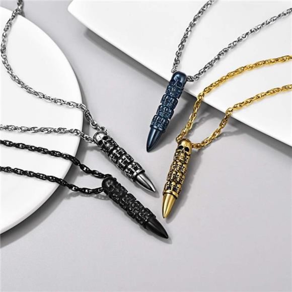 SkullBullet Necklace/Skull Feather Necklace/Skull Necklace,StainlessSteel Gothic - Picture 3 of 6